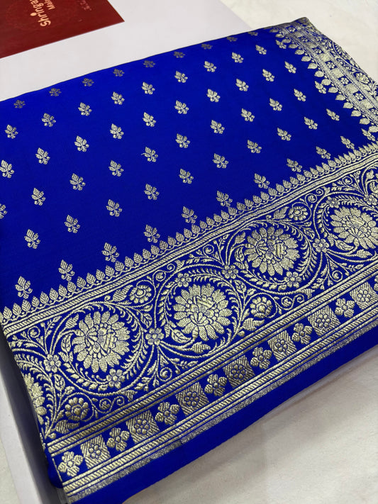 Royal Blue Banarasi Katan Silk Saree With Intricate Silver Zari Heritage Weaving