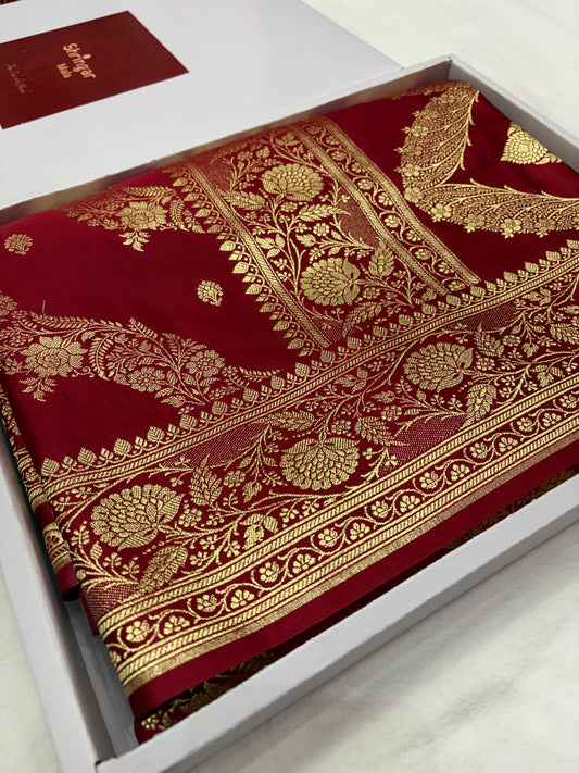 Adaa – Deep Maroon Katan Banarasi Silk Saree with Gold Zari Leheriya Weaving