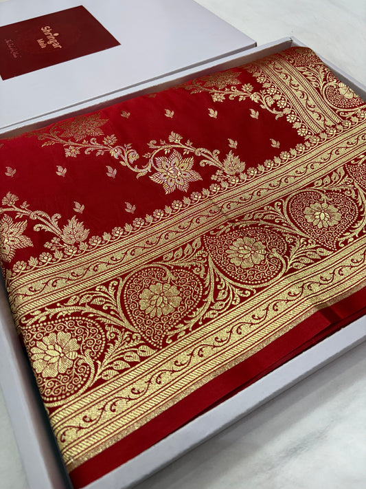 Red Katan Banarasi Saree with Gold Zari Floral Bel Work