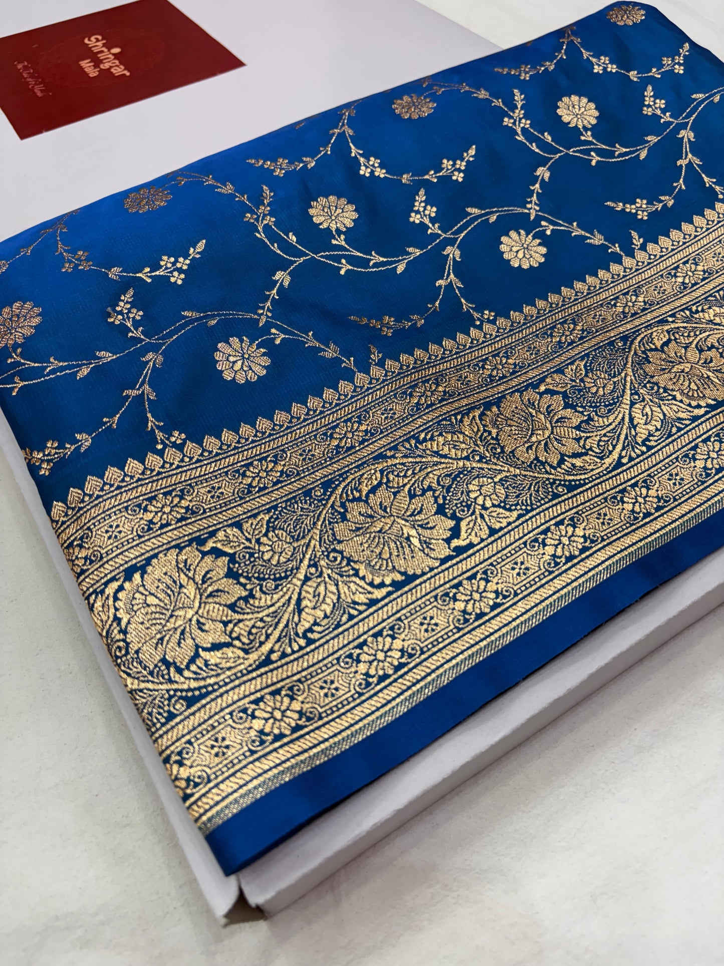 Peacock Blue Katan Banarasi Saree with Gold Zari Floral Jaal