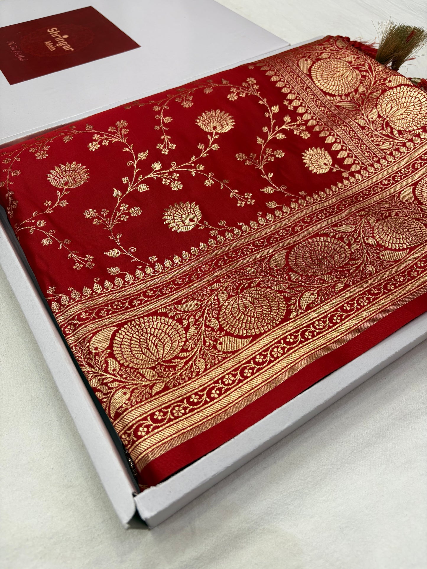 Short Maroon Katan Banarasi Saree with Light Copper Zari Floral Jaal