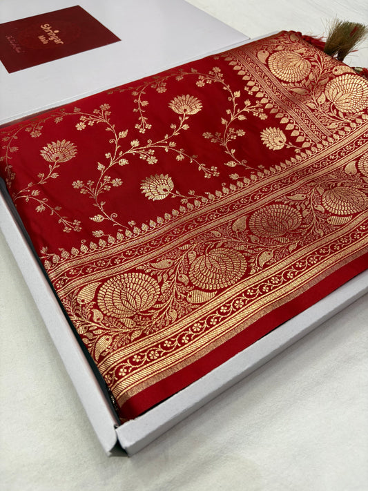 Short Maroon Katan Banarasi Saree with Light Copper Zari Floral Jaal