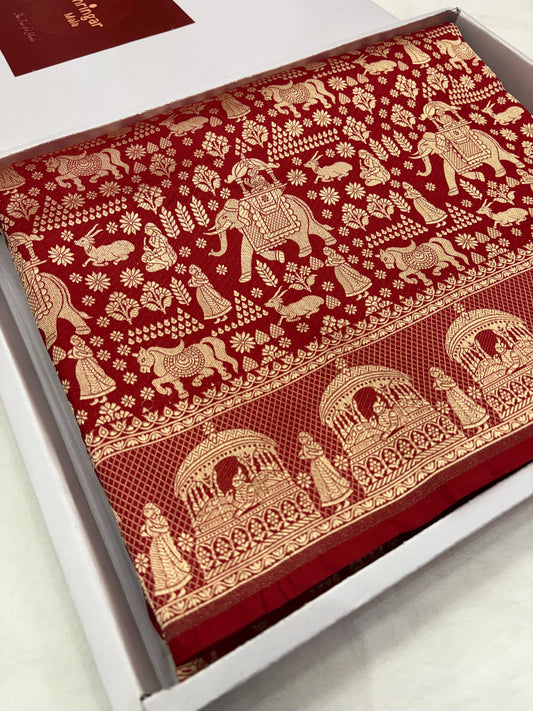 Pure Red Banarasi Katan Silk Saree With Heritage Gold Weaving