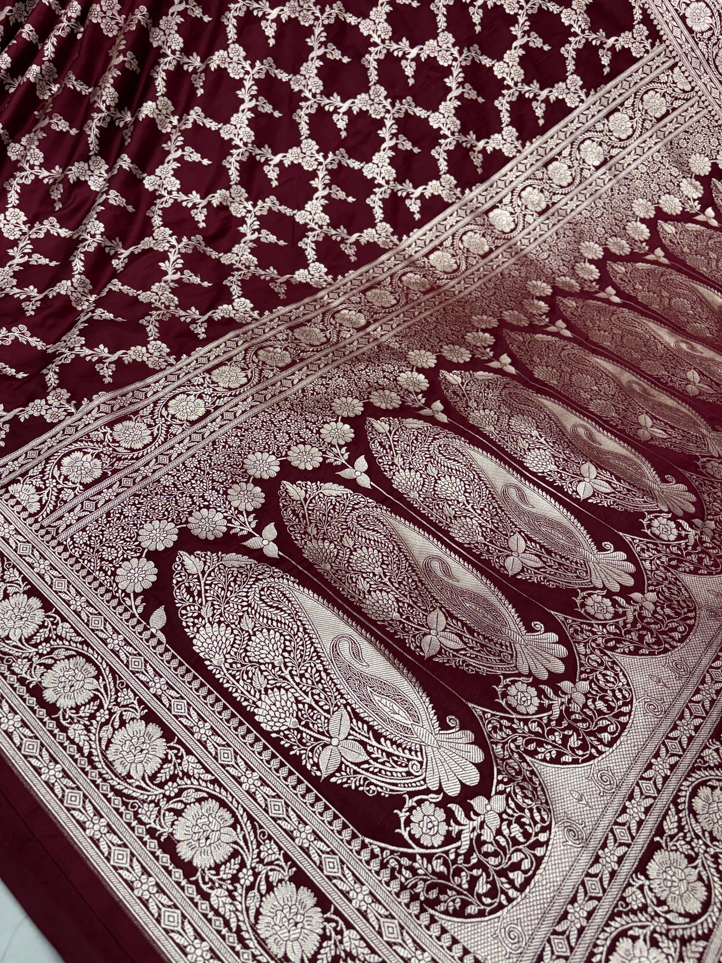 Maroon Banarasi Silk Mashru Katan Saree With Intricate Silver Zari Jaal Weaving