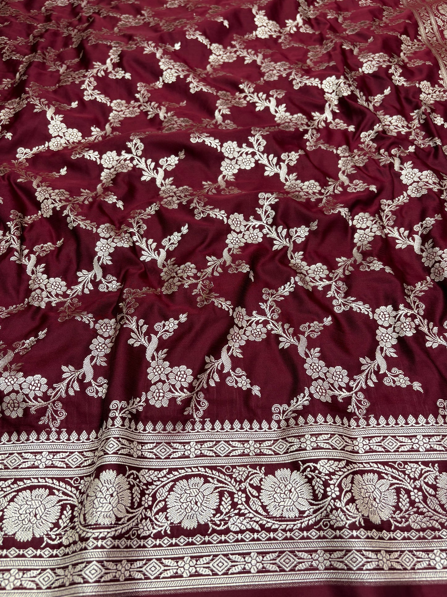 Maroon Banarasi Silk Mashru Katan Saree With Intricate Silver Zari Jaal Weaving