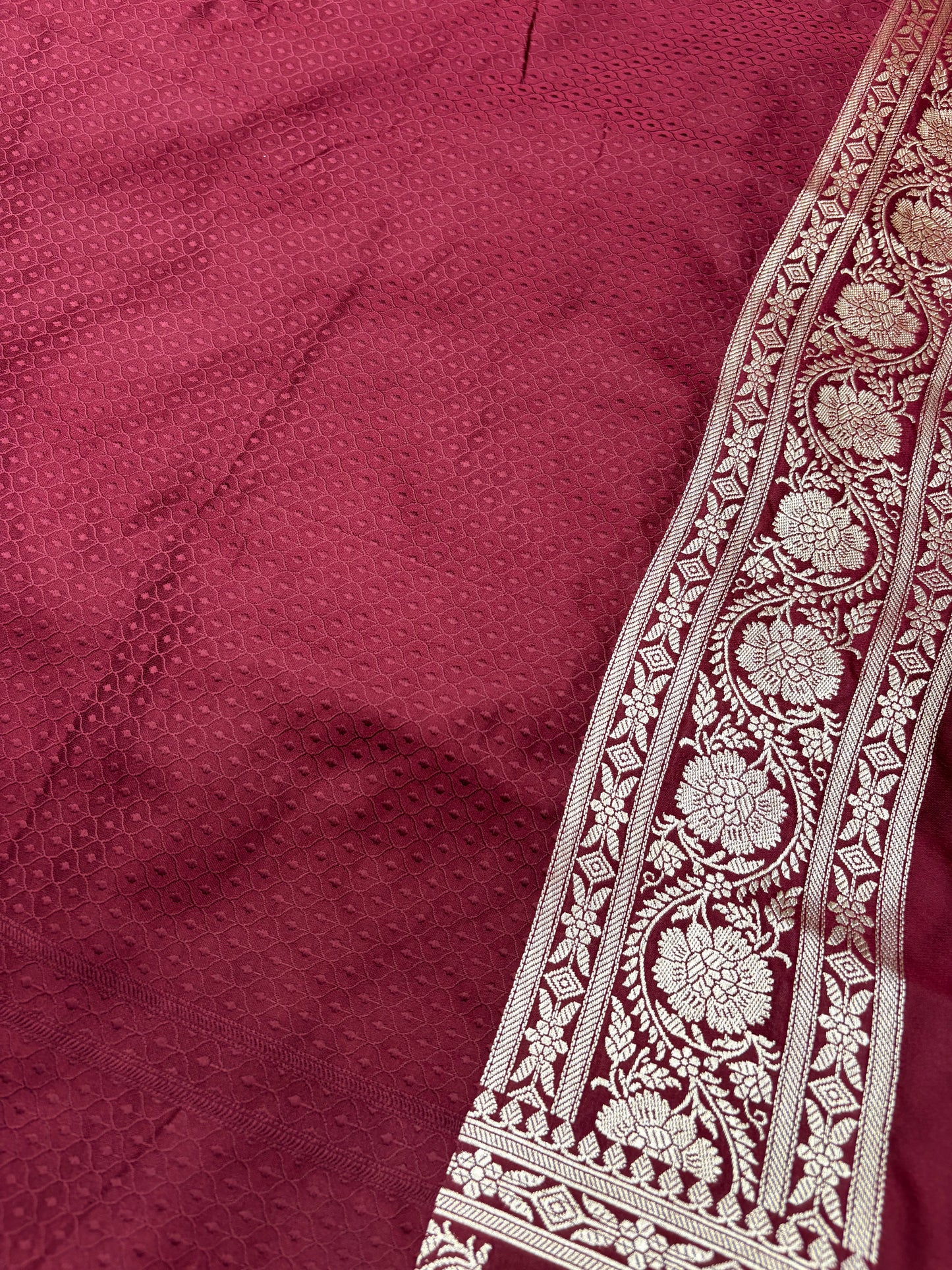 Maroon Banarasi Silk Mashru Katan Saree With Intricate Silver Zari Jaal Weaving