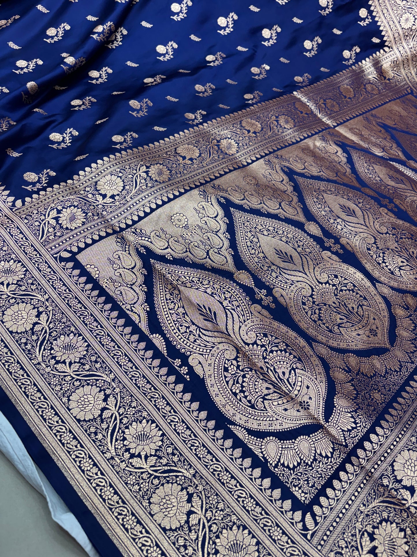 Navy Blue Banarasi Katan Silk Saree With Intricate Silver Zari Weaving