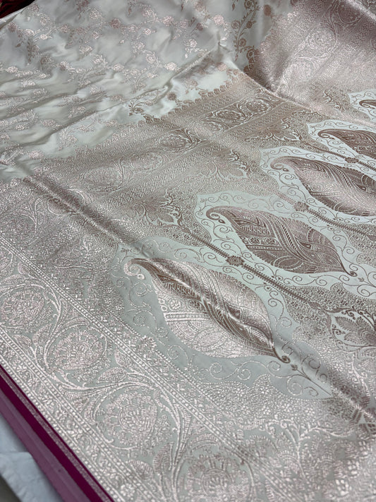 Ivory White Banarasi Katan Silk Saree With Elegant Rose Gold Zari Weaving