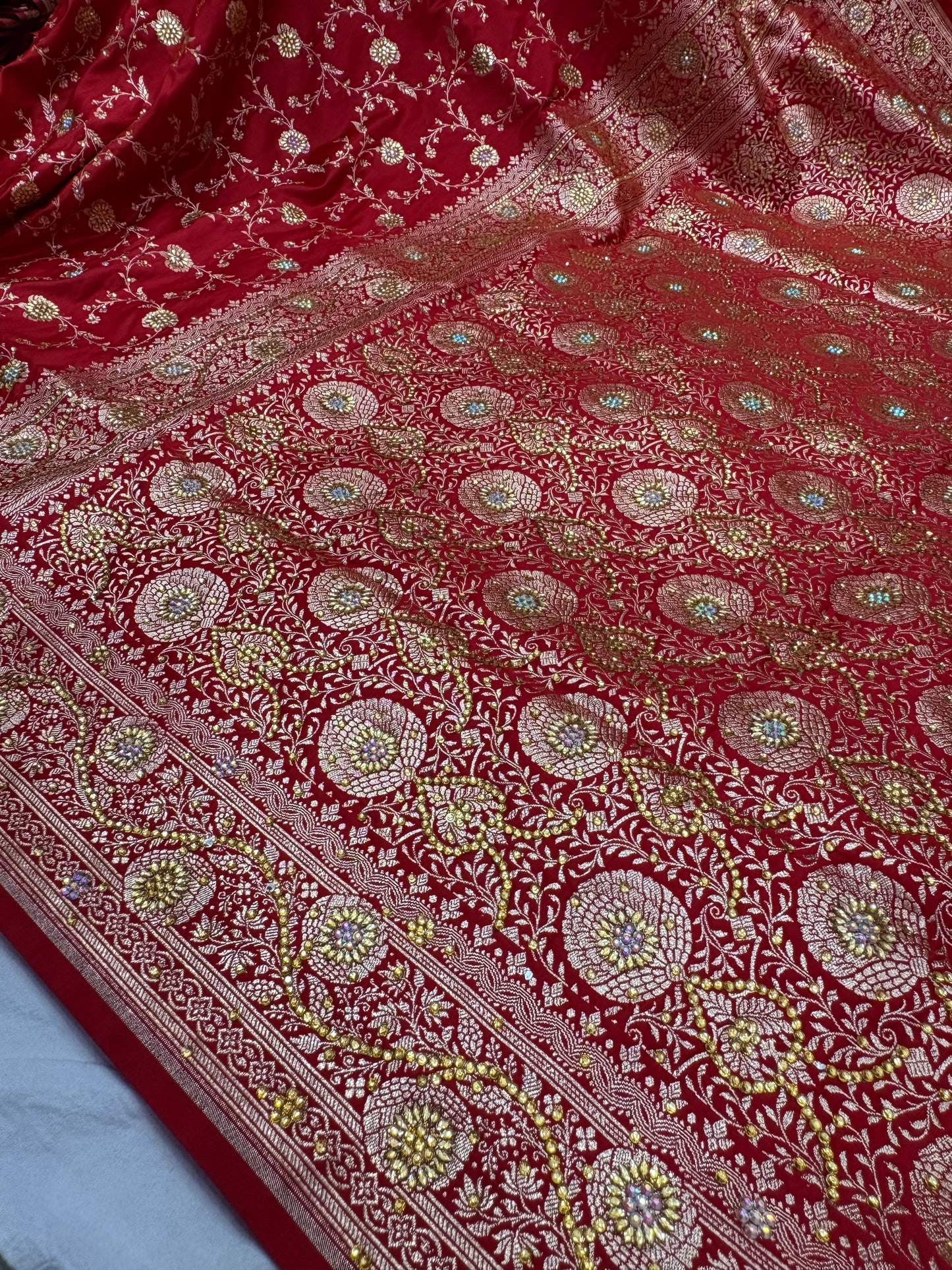 Ruby Red Banarasi Katan Silk Saree With Intricate Zari & Stone Work