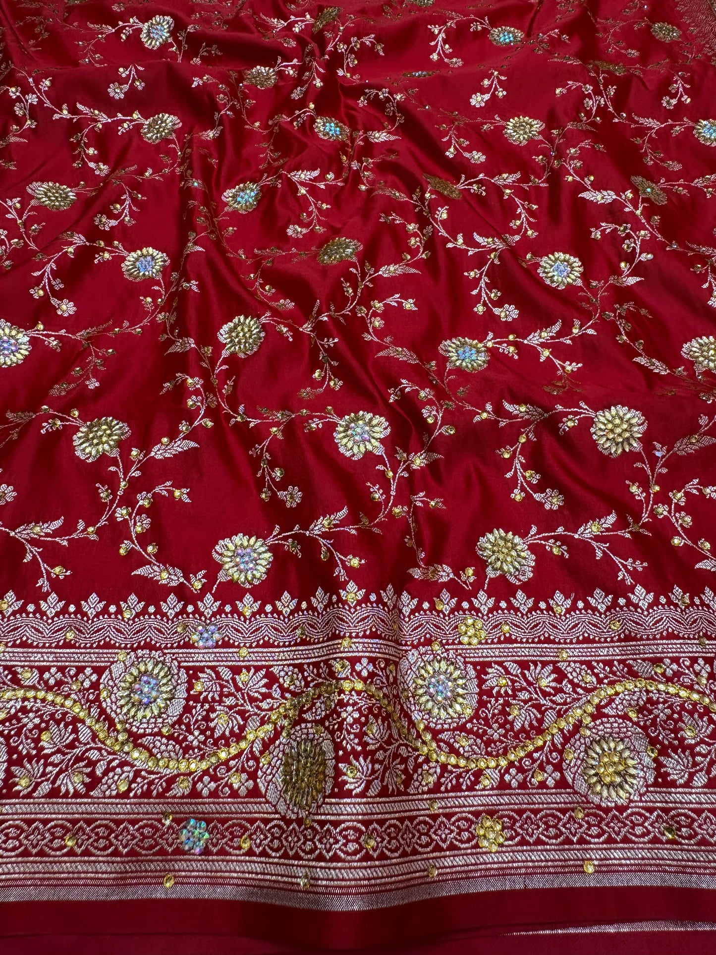 Ruby Red Banarasi Katan Silk Saree With Intricate Zari & Stone Work