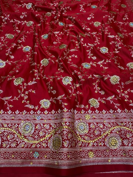 Ruby Red Banarasi Katan Silk Saree With Intricate Zari & Stone Work