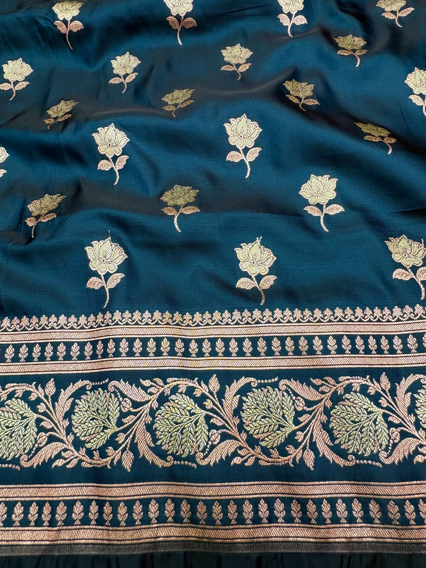 Deep Teal Banarasi Katan Silk Saree With Elegant Floral Zari Weaving