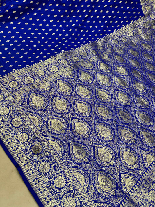 Royal Blue Banarasi Katan Silk Saree With Intricate Silver Zari Heritage Weaving