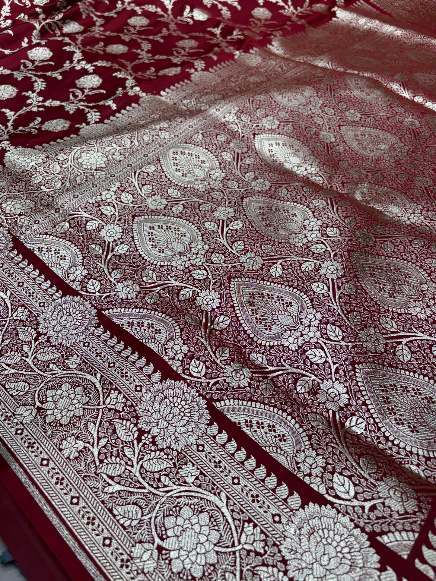 Maroon Banarasi Katan Silk Saree With Intricate Silver Zari Floral Weaving