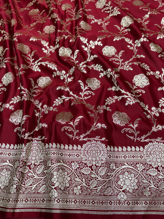 Maroon Banarasi Katan Silk Saree With Intricate Silver Zari Floral Weaving