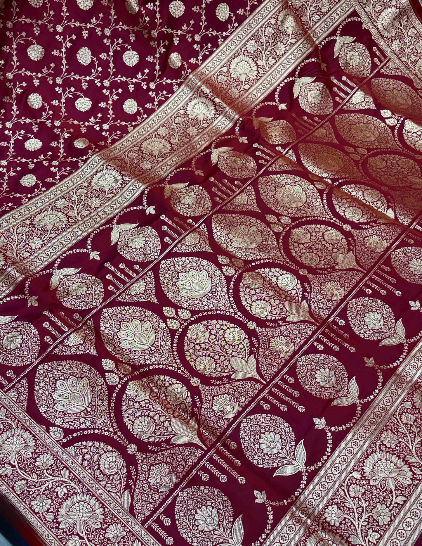 Deep Maroon Plain Katan Banarasi Silk Saree with Light Copper Zari Jaal Work