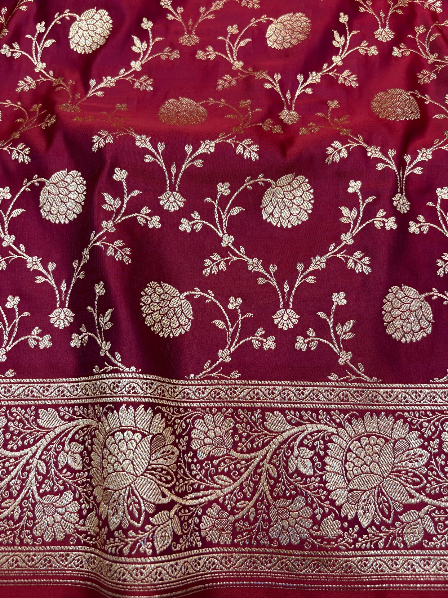 Deep Maroon Plain Katan Banarasi Silk Saree with Light Copper Zari Jaal Work