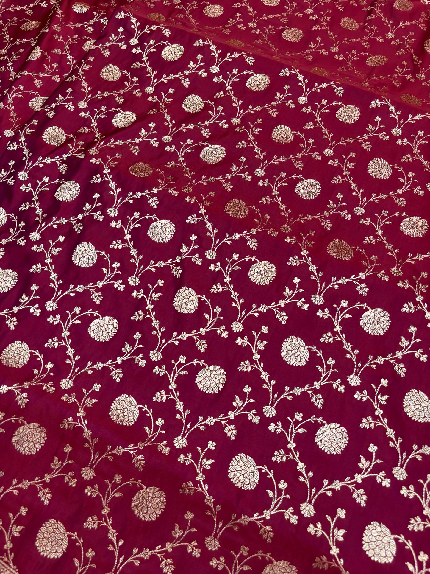 Deep Maroon Plain Katan Banarasi Silk Saree with Light Copper Zari Jaal Work