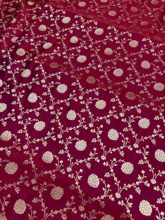 Deep Maroon Plain Katan Banarasi Silk Saree with Light Copper Zari Jaal Work