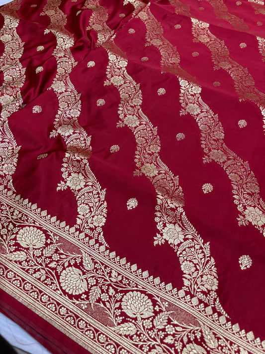 Adaa – Deep Maroon Katan Banarasi Silk Saree with Gold Zari Leheriya Weaving