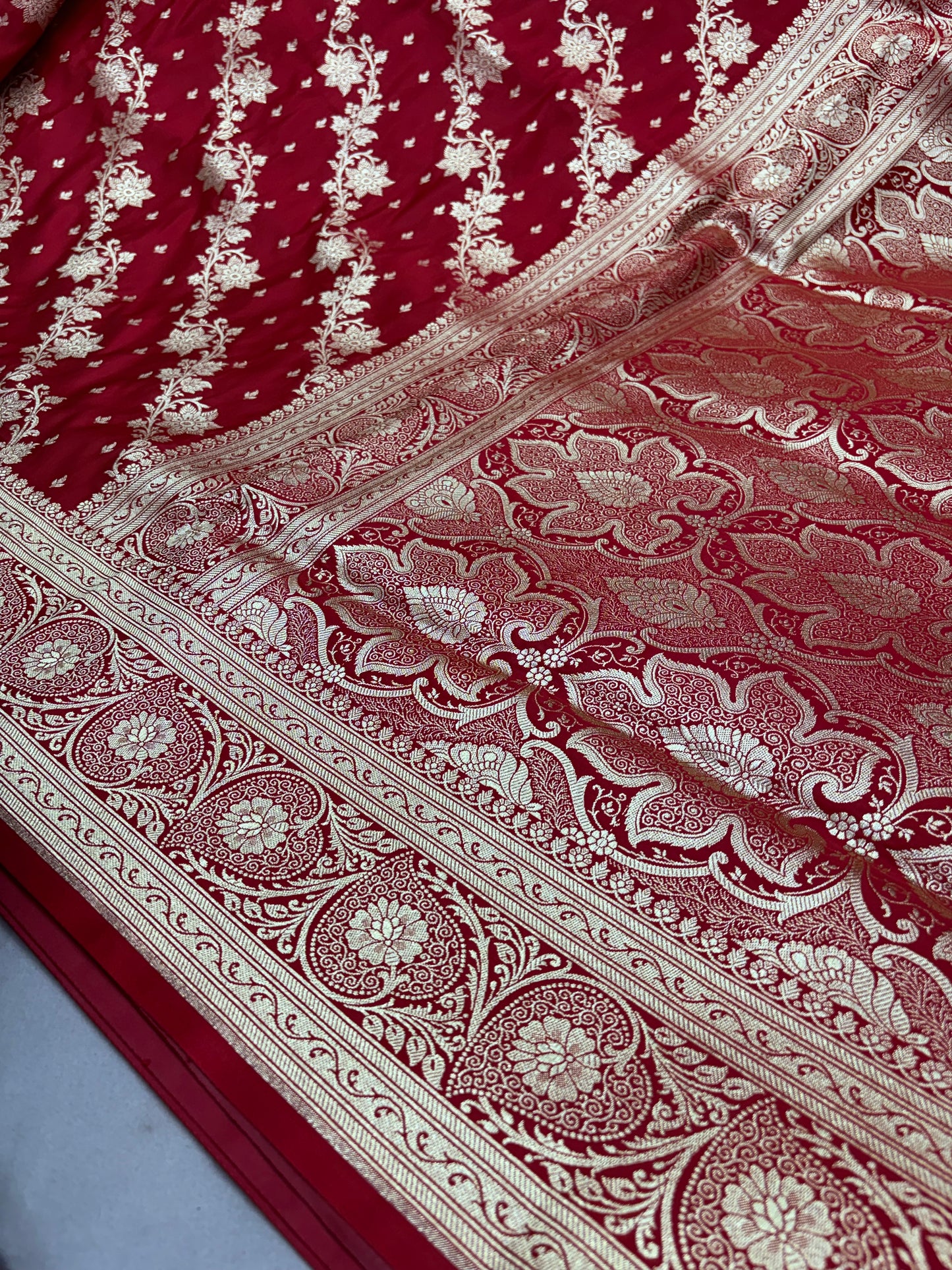 Red Katan Banarasi Saree with Gold Zari Floral Bel Work
