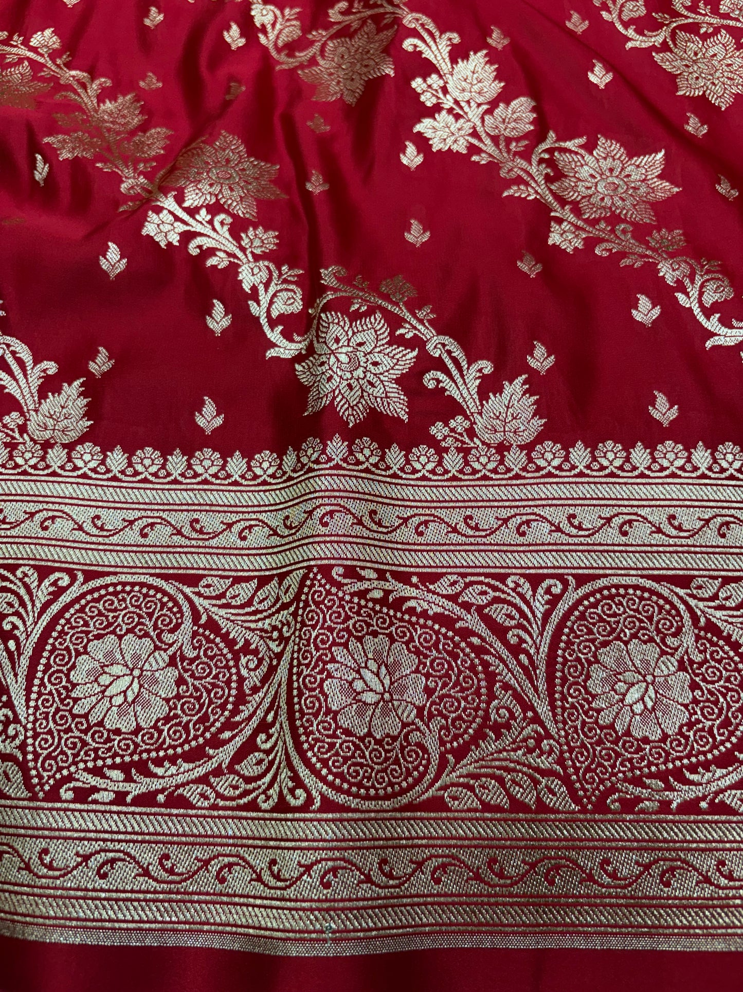 Red Katan Banarasi Saree with Gold Zari Floral Bel Work
