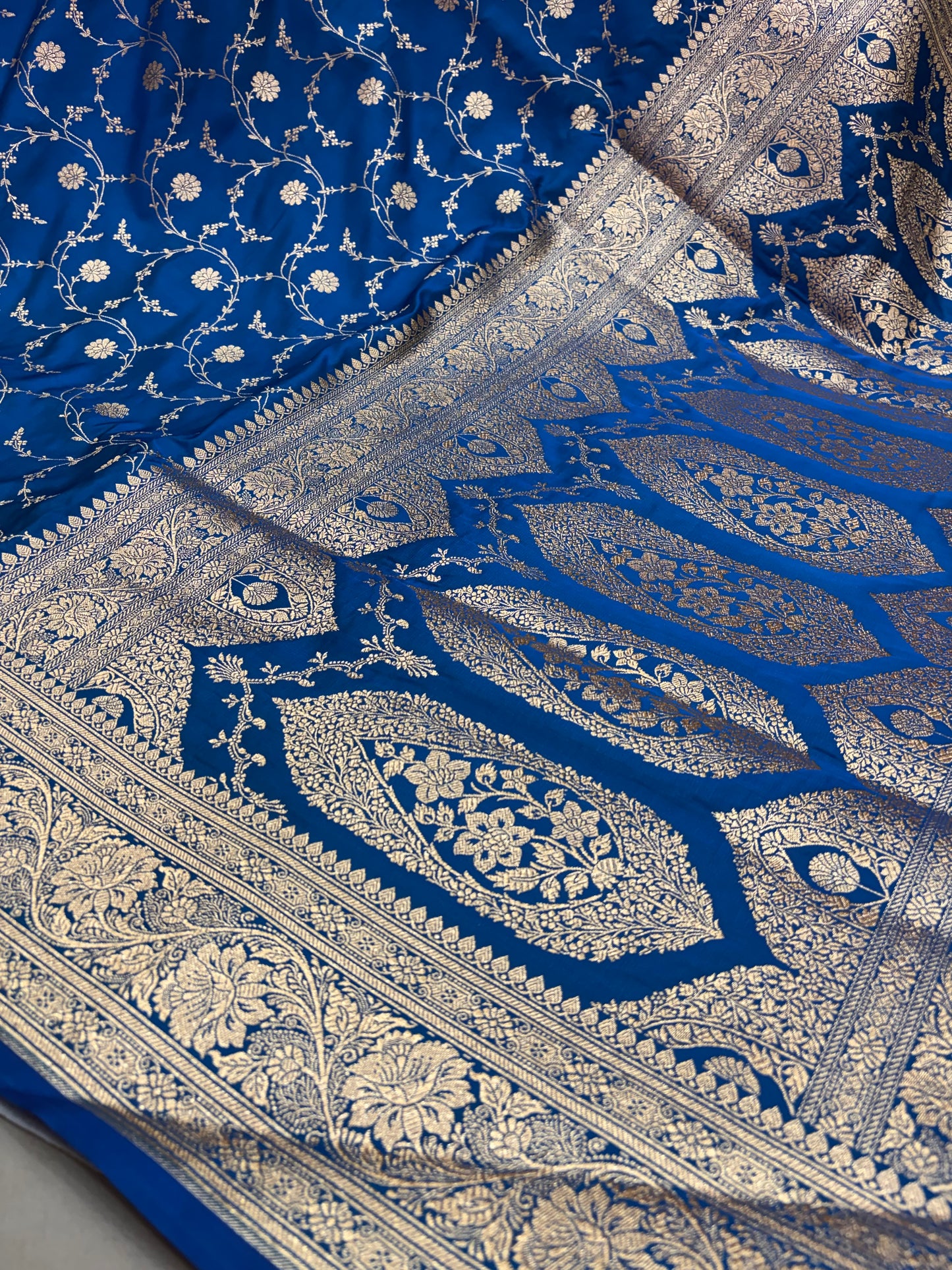Peacock Blue Katan Banarasi Saree with Gold Zari Floral Jaal