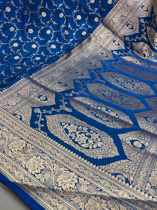 Peacock Blue Katan Banarasi Saree with Gold Zari Floral Jaal