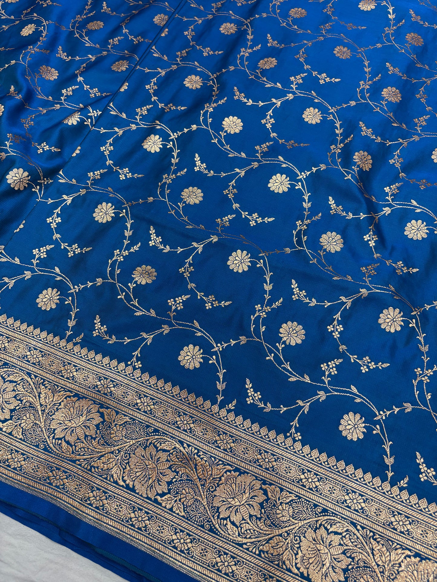 Peacock Blue Katan Banarasi Saree with Gold Zari Floral Jaal