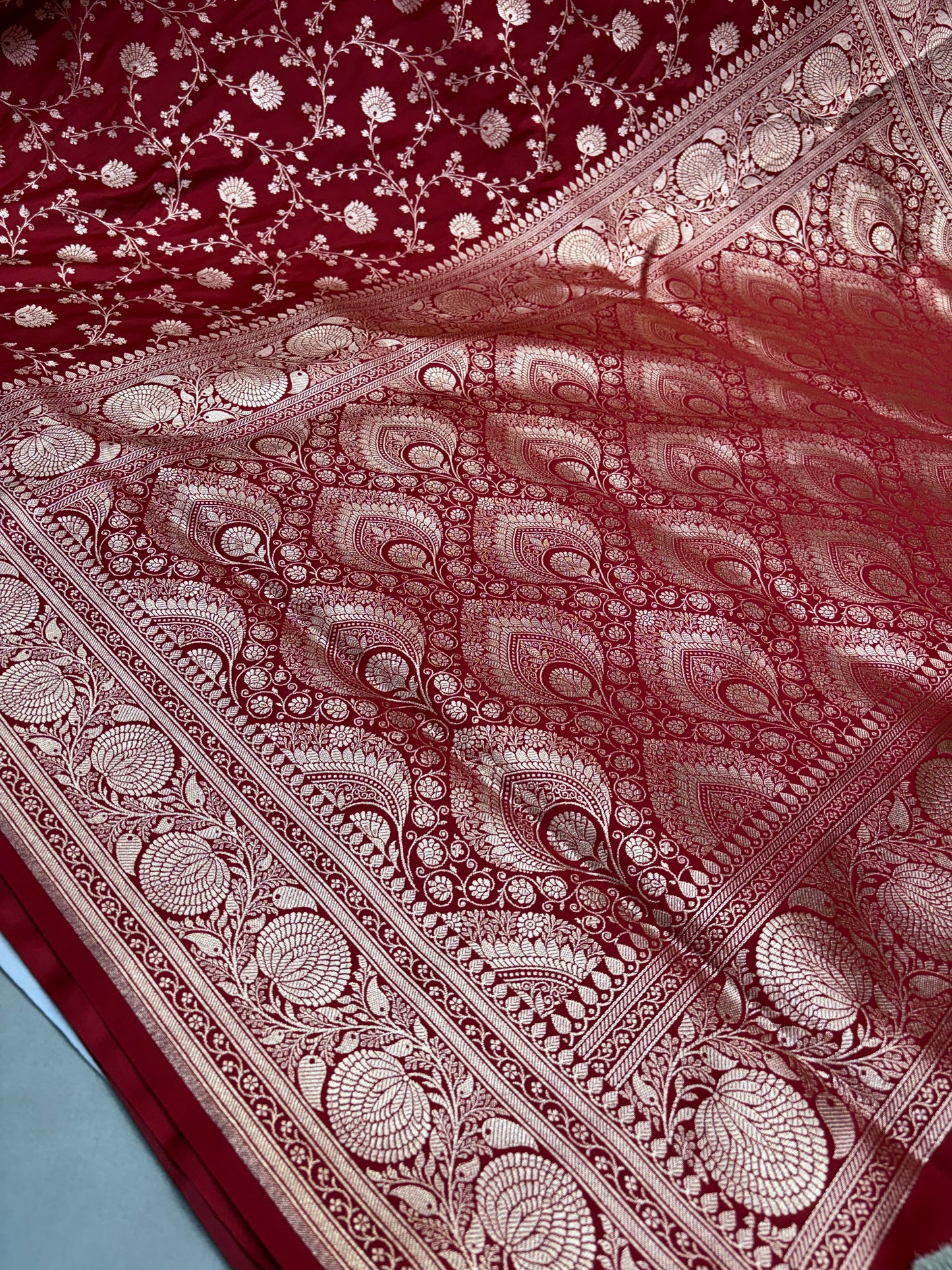 Short Maroon Katan Banarasi Saree with Light Copper Zari Floral Jaal