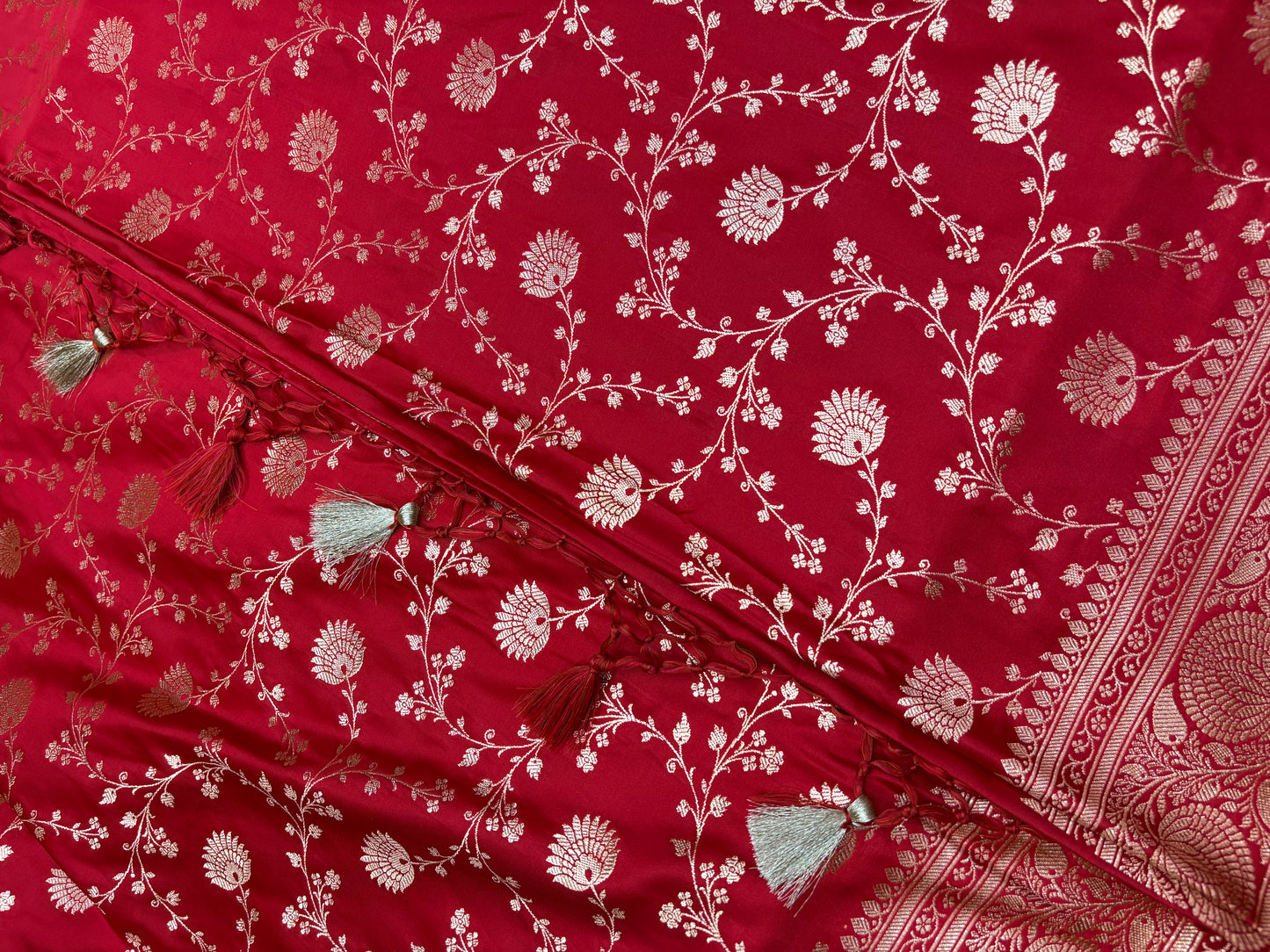 Short Maroon Katan Banarasi Saree with Light Copper Zari Floral Jaal