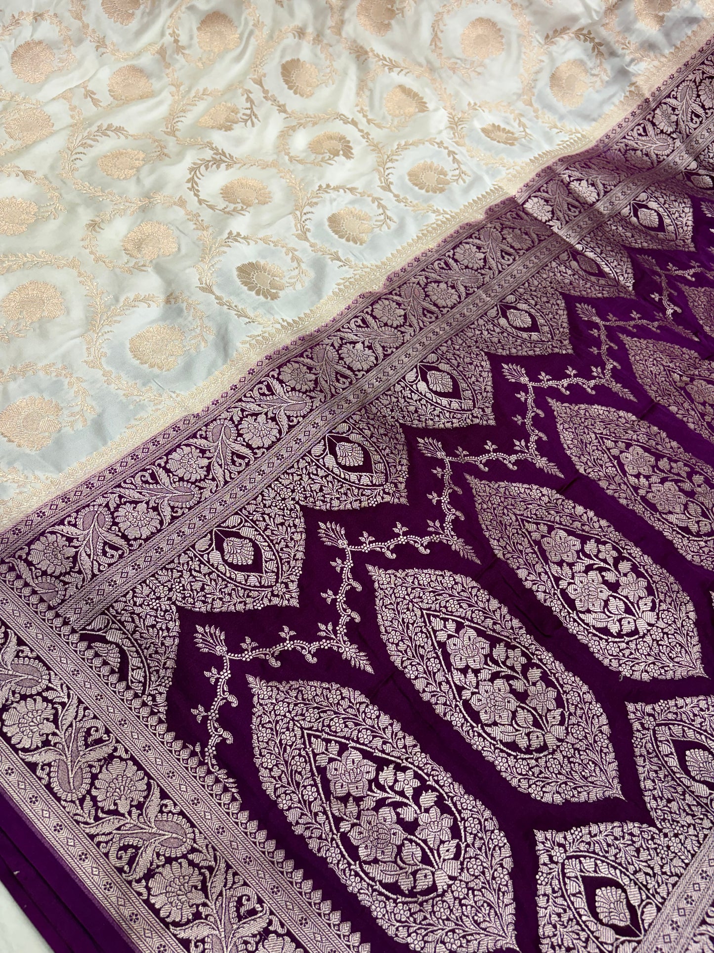 White Banarasi Silk Saree With Royal Purple Contrast