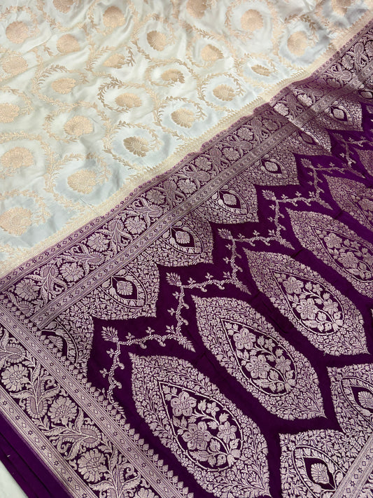 White Banarasi Silk Saree With Royal Purple Contrast