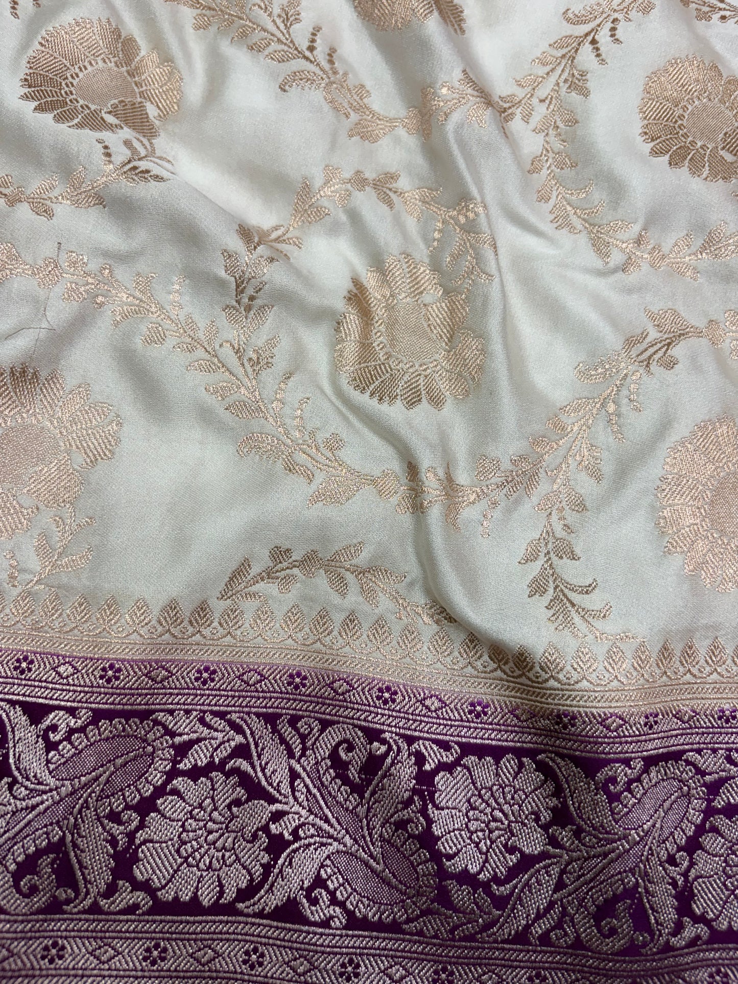 White Banarasi Silk Saree With Royal Purple Contrast