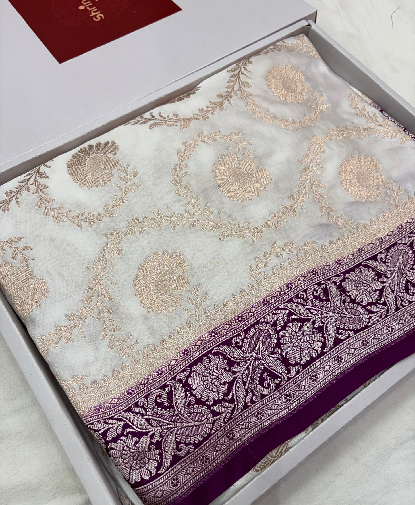 White Banarasi Silk Saree With Royal Purple Contrast