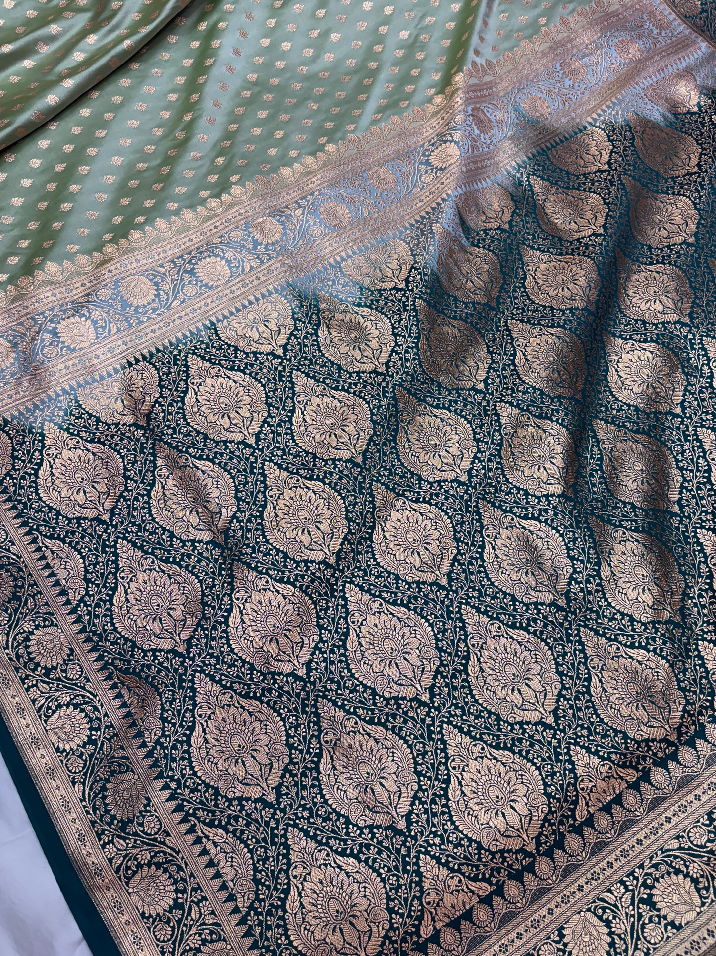Contrast Green Katan Banarasi Saree with Gold Zari Buti and Contrast Pallu
