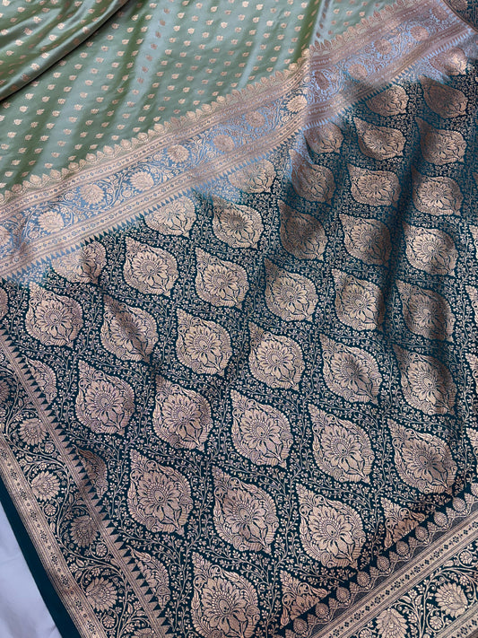 Contrast Green Katan Banarasi Saree with Gold Zari Buti and Contrast Pallu