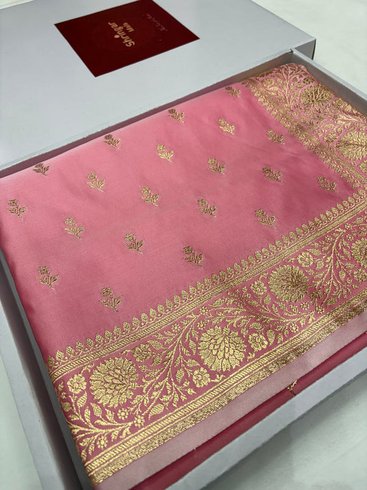 Pastel Pink Katan Banarasi Saree with Gold Zari Floral Booti Work
