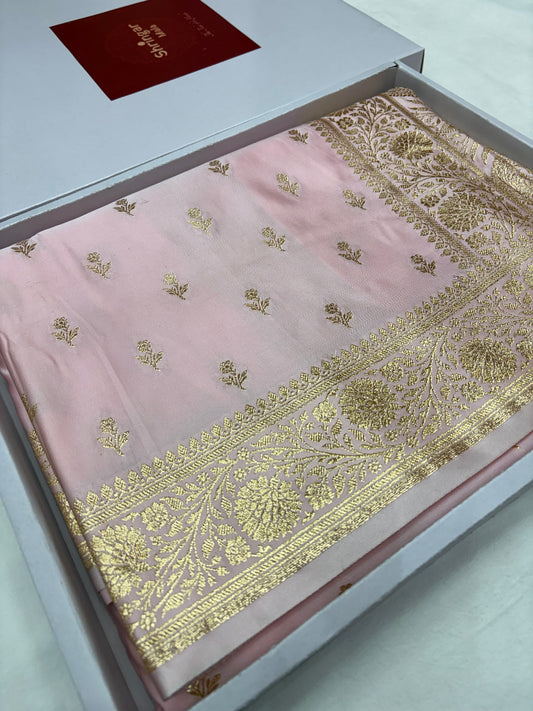 Pastel Blush Pink Katan Banarasi Saree with Gold Zari Buti Work