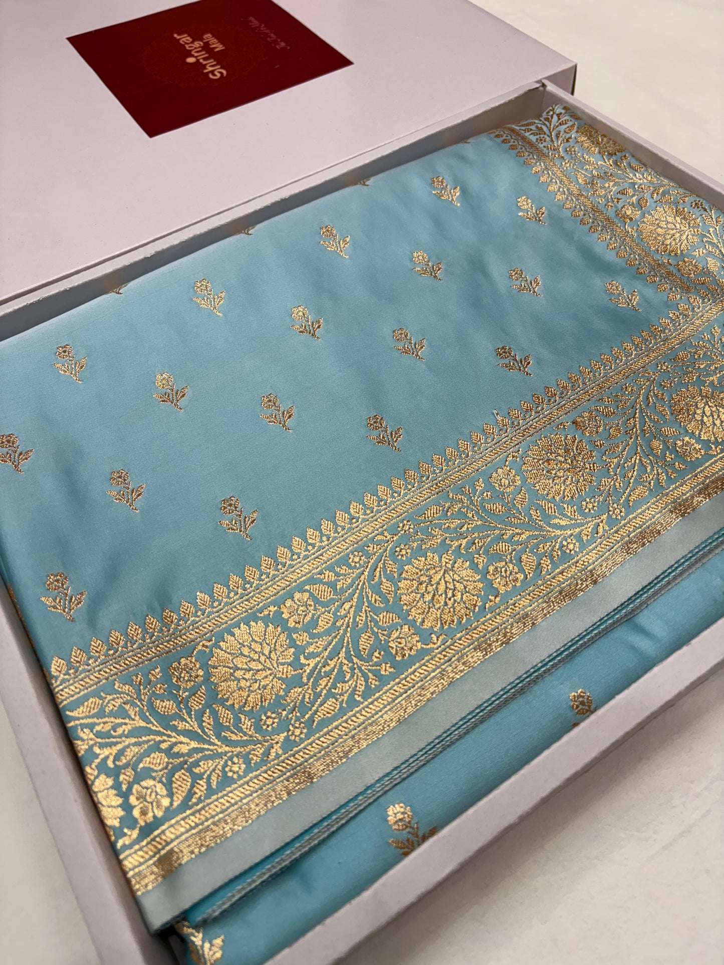 Pastel Blue Katan Banarasi Saree with Light Copper Zari Buti Work
