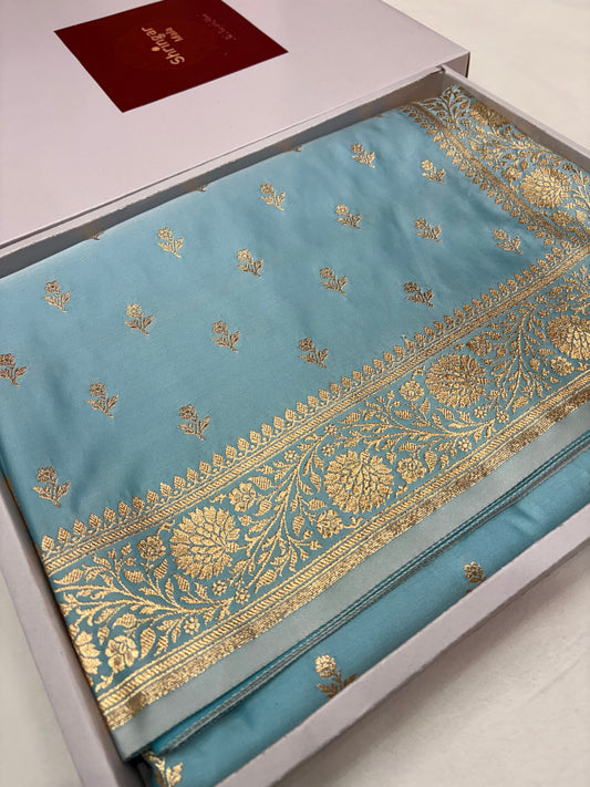 Pastel Blue Katan Banarasi Saree with Light Copper Zari Buti Work