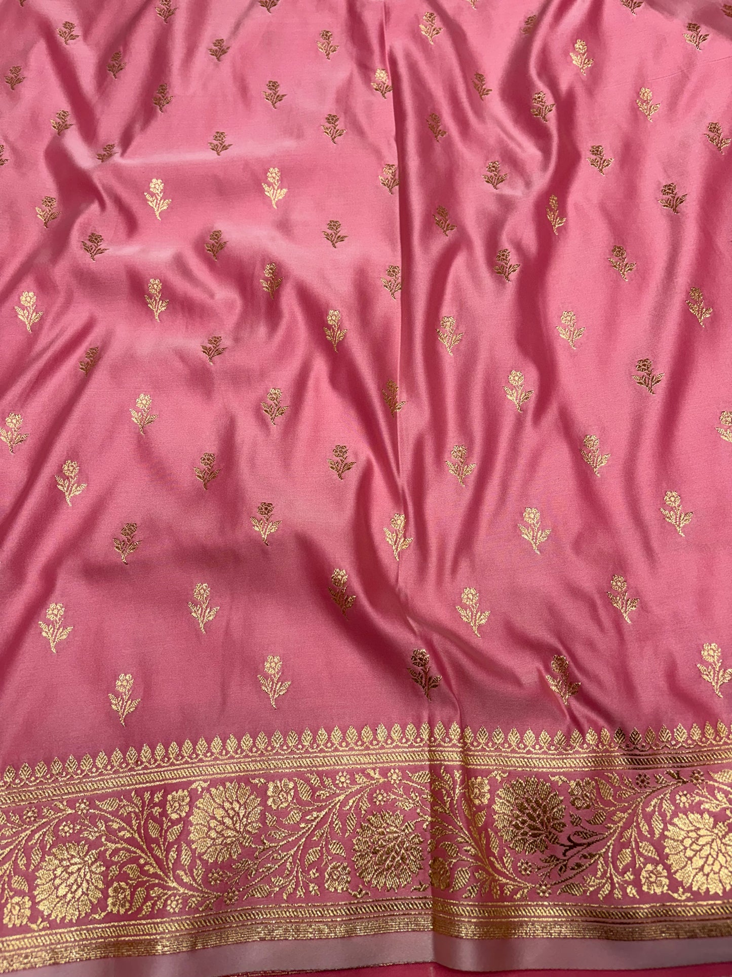 Pastel Pink Katan Banarasi Saree with Gold Zari Floral Booti Work