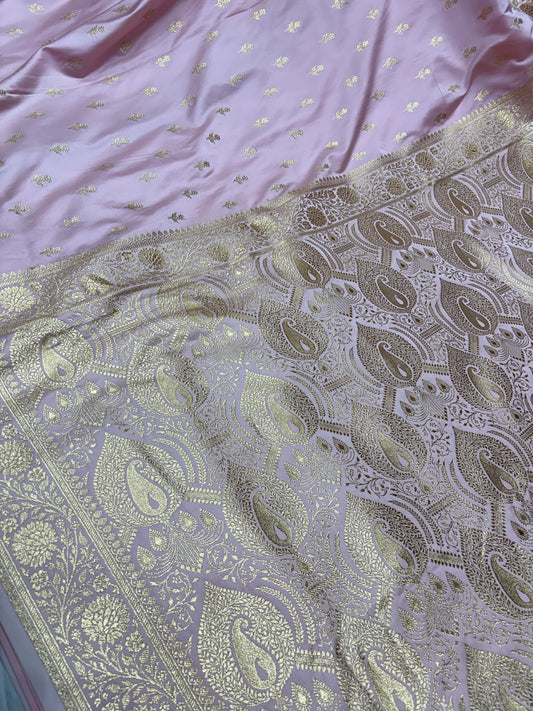 Pastel Blush Pink Katan Banarasi Saree with Gold Zari Buti Work