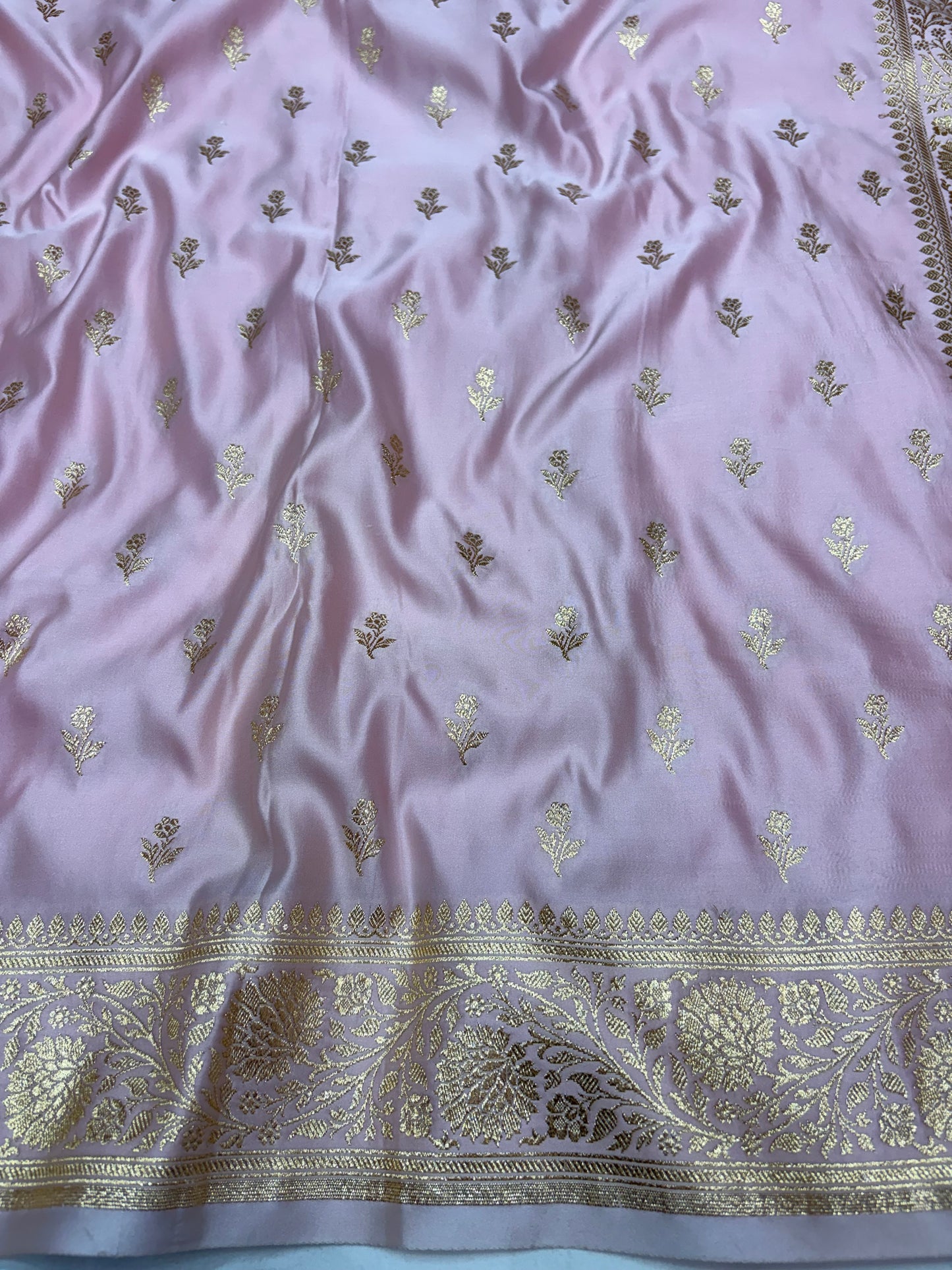 Pastel Blush Pink Katan Banarasi Saree with Gold Zari Buti Work