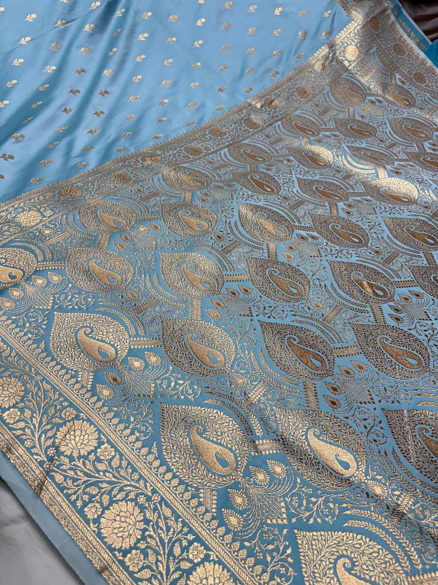 Pastel Blue Katan Banarasi Saree with Light Copper Zari Buti Work