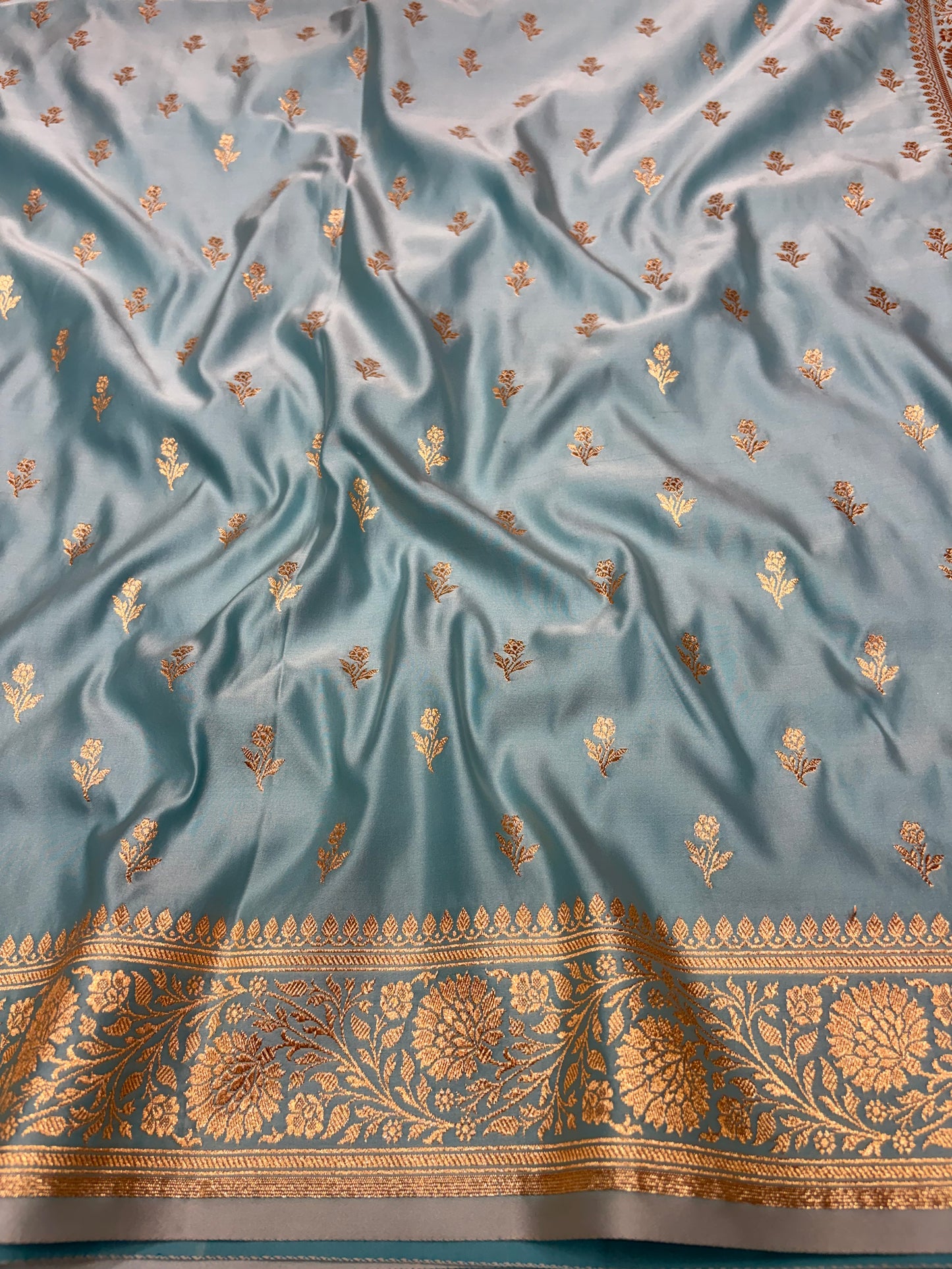 Pastel Blue Katan Banarasi Saree with Light Copper Zari Buti Work