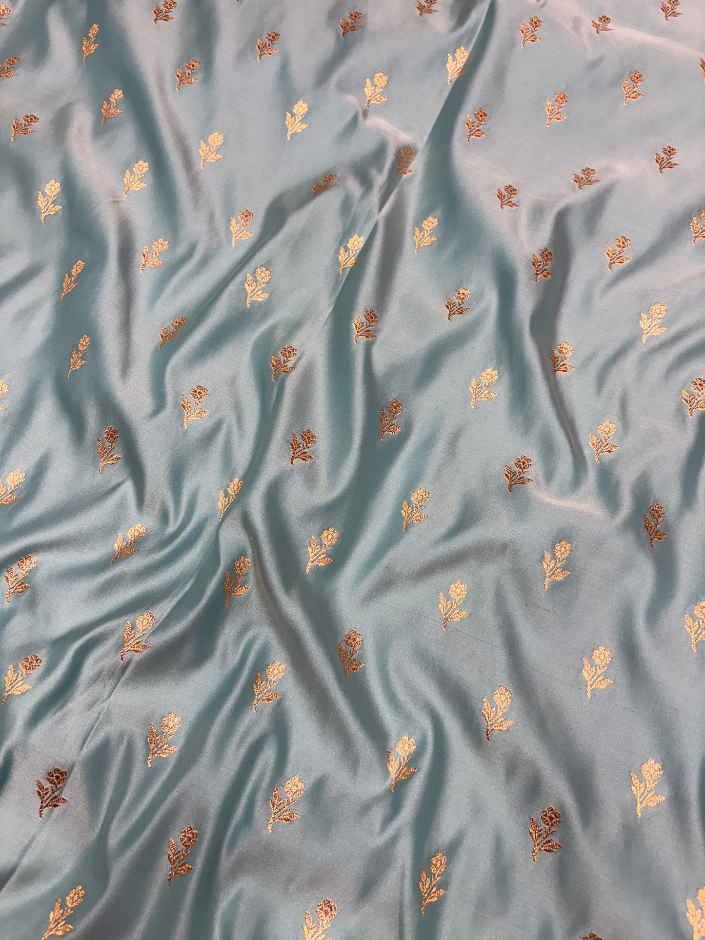 Pastel Blue Katan Banarasi Saree with Light Copper Zari Buti Work