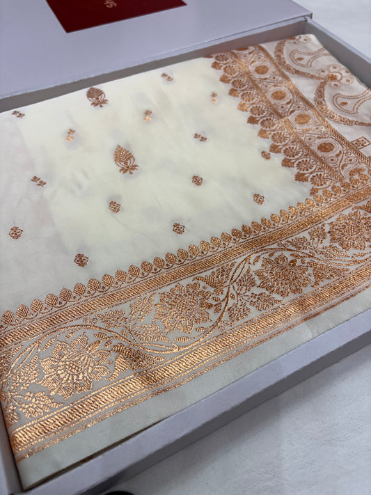 Ivory Cream Katan Banarasi Saree with Copper Zari Buti and Ornamental Pallu