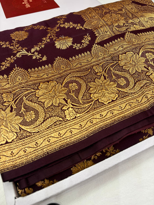 Brown Katan Banarasi Saree with Floral Jaal and Ornamental Border