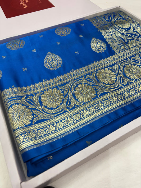 Peacock Blue Katan Banarasi Saree with Paisley Buti and Ornamental Pallu